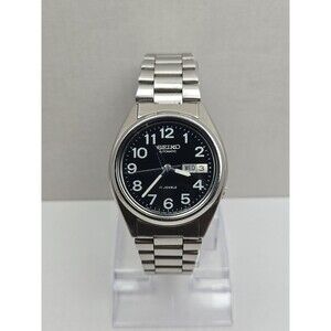 Seiko 7009 3189 Automatic Day Date Black Arabic Dial Mens Watch 17 Jewels Silver